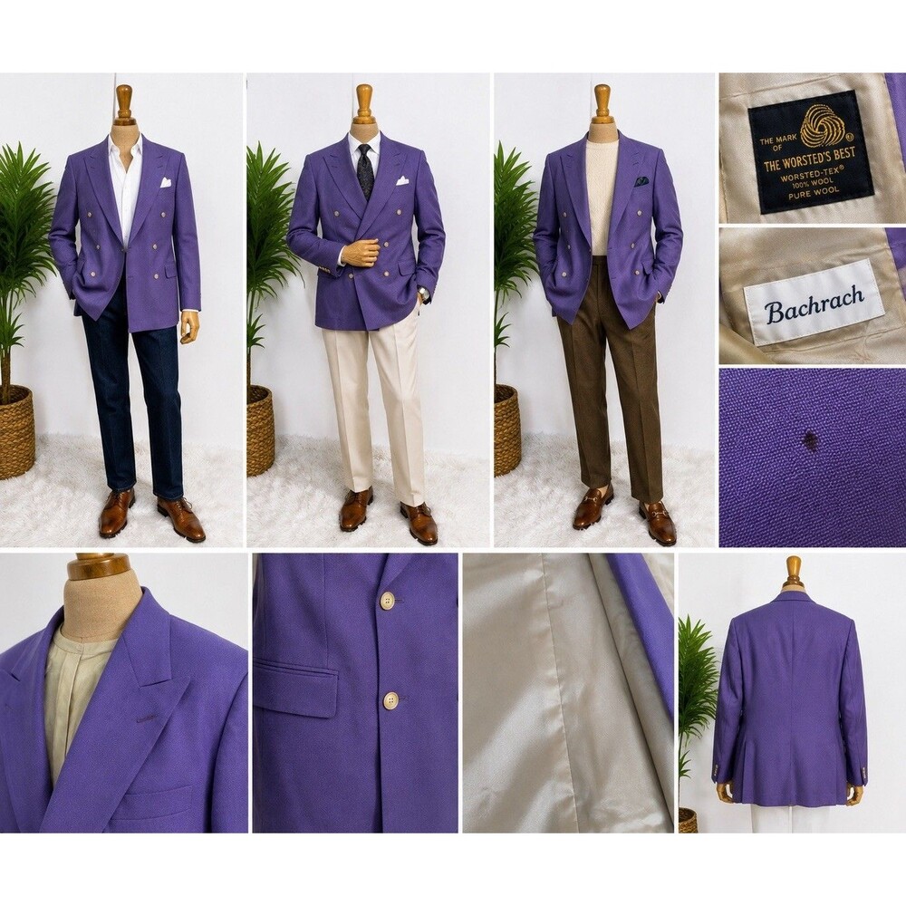 Worsted -Tex Mens Purple 100% Pure Wool Double Brested Blazer Sport Coat Vintage